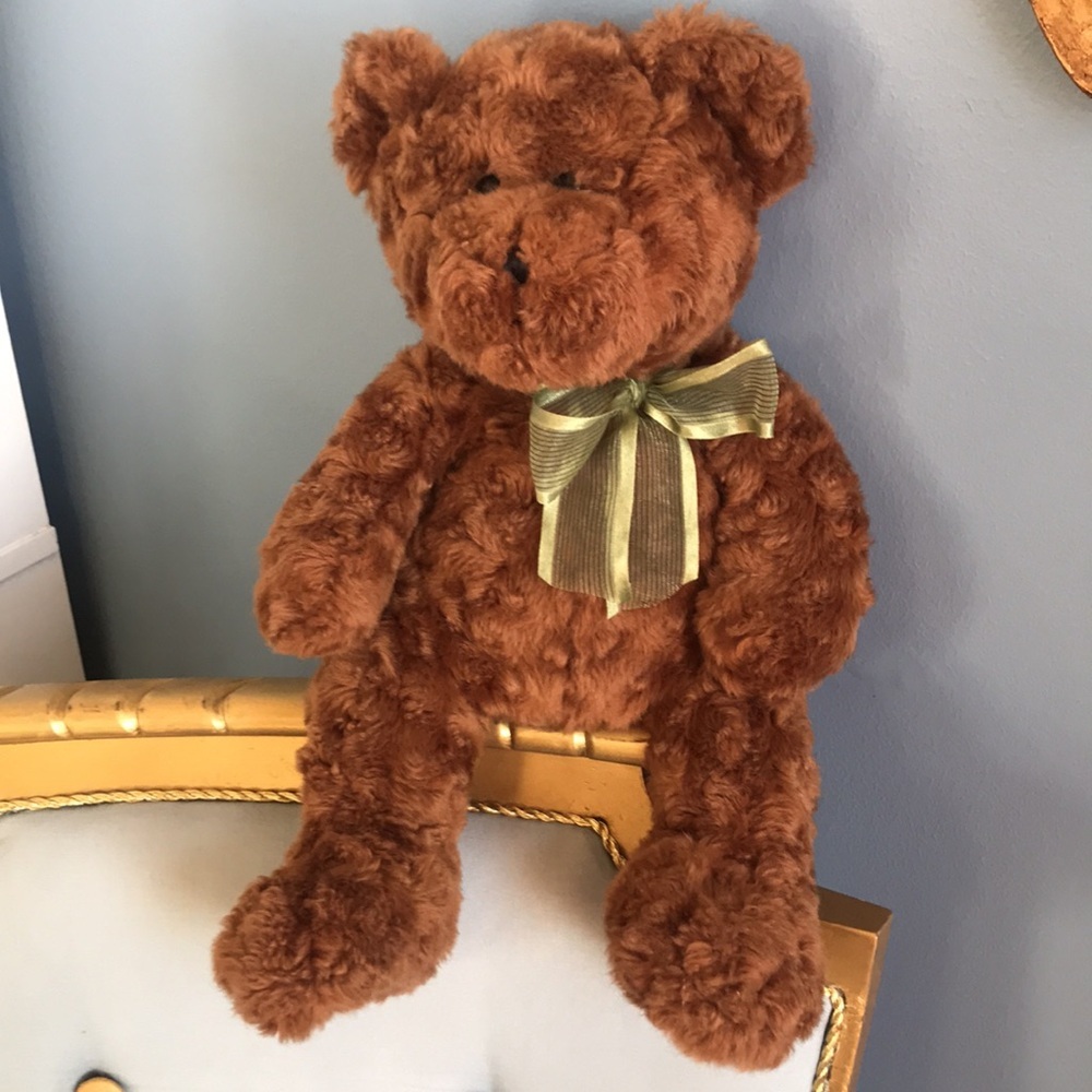 Vintage Chosun International brown fluffy teddy bear green bow plush soft decor